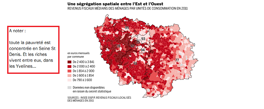 Revenus fiscaux par ville, Ile de France, 2013 - infographie Le Monde