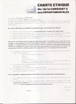 Charte éthique de la candidate aux départementales 2015, signée par Viviane BAUDRY