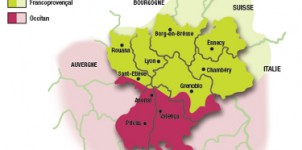 Carte du francoprovencal et de l'occitan en Rhône-Alpes.