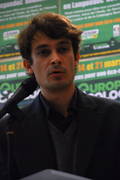 Nicolas Dubourg à la tribune lors de la Convention Régionale de l'écologie